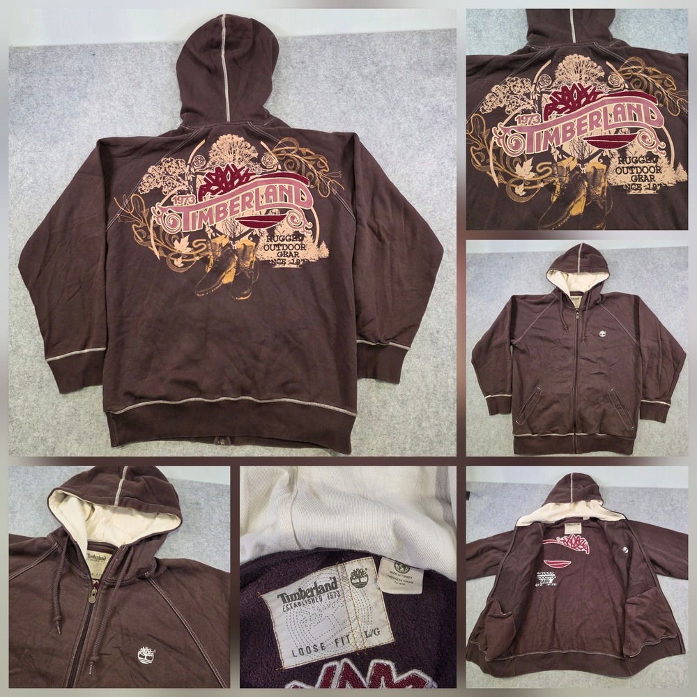 VTG Y2K Timberland Hoodie Mens Large Brown Full Zip Graphic Sweatshirt Embroider
